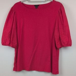 Ann Taylor Red Cotton Top with Eyelet Balloon Sleeves Size XL